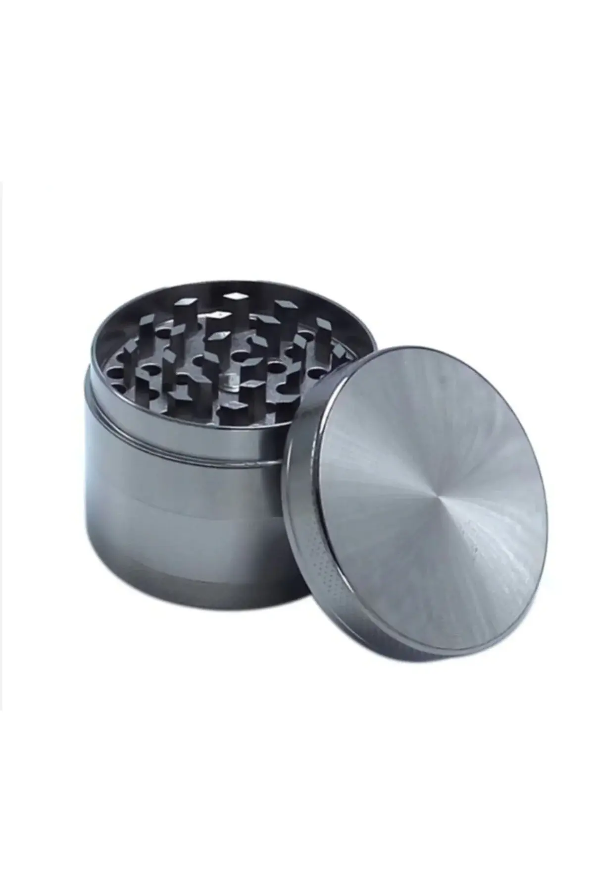 50mm 4-слоен мелница за зачини од нерѓосувачки челик со сито и магнет - сива