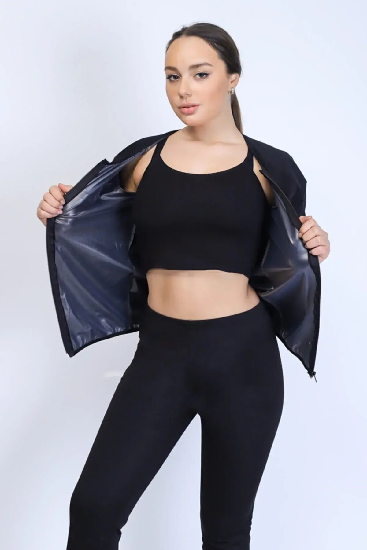 Sweet Sweat 100% оригинален сет за потење и слабеење со патент горен дел и хеланки сет со кратки ракави и патент