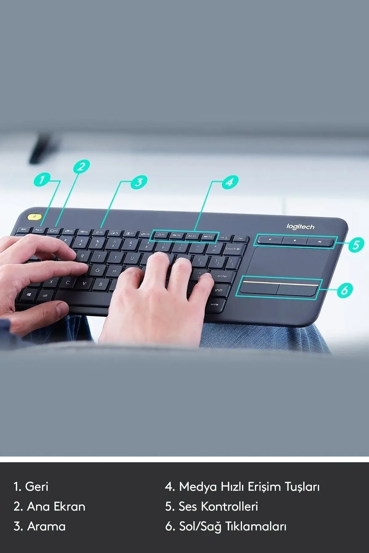 K400 Plus тастатура за ТВ со тачпад, USB поврзување, турски Q распоред - црна
