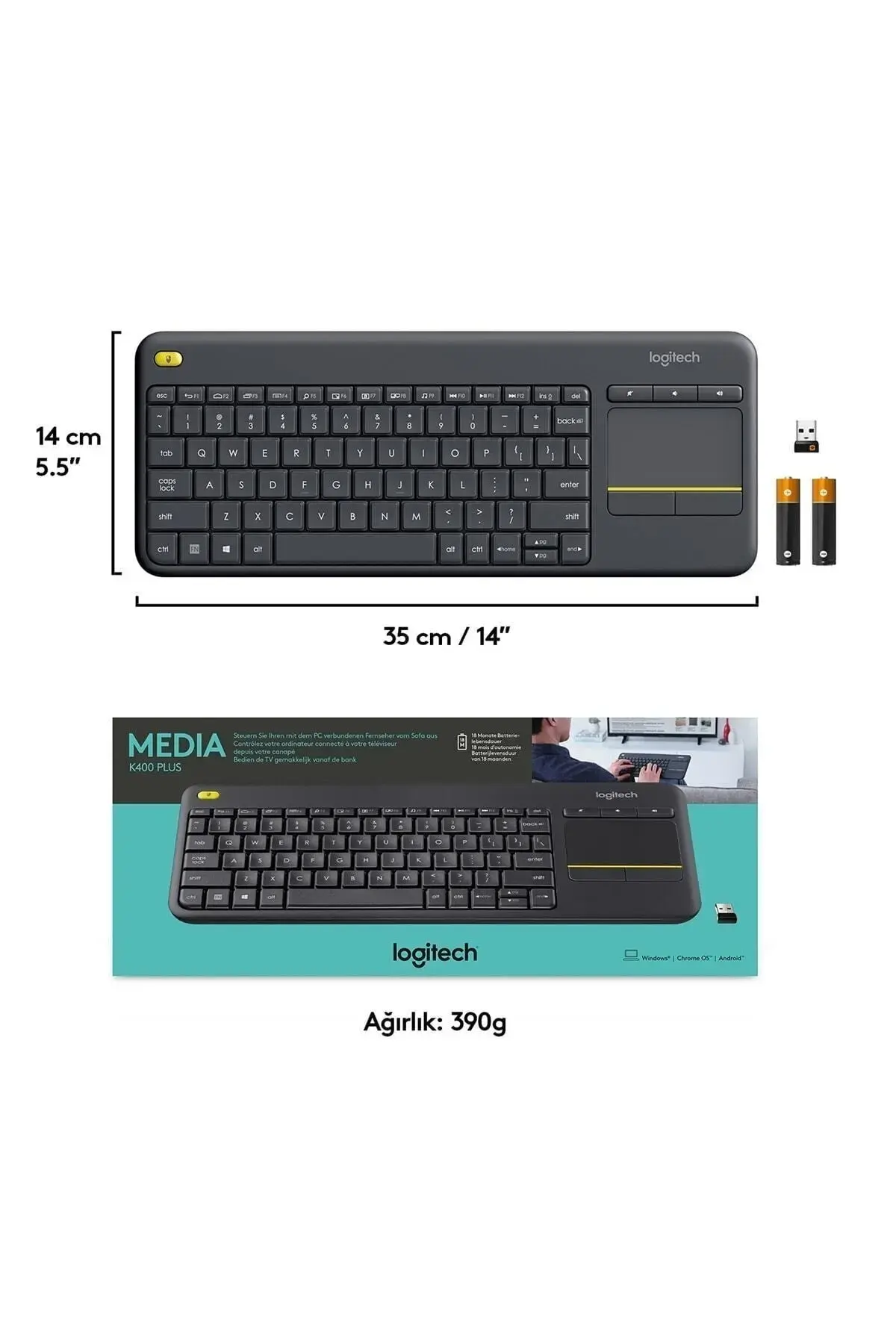 K400 Plus тастатура за ТВ со тачпад, USB поврзување, турски Q распоред - црна