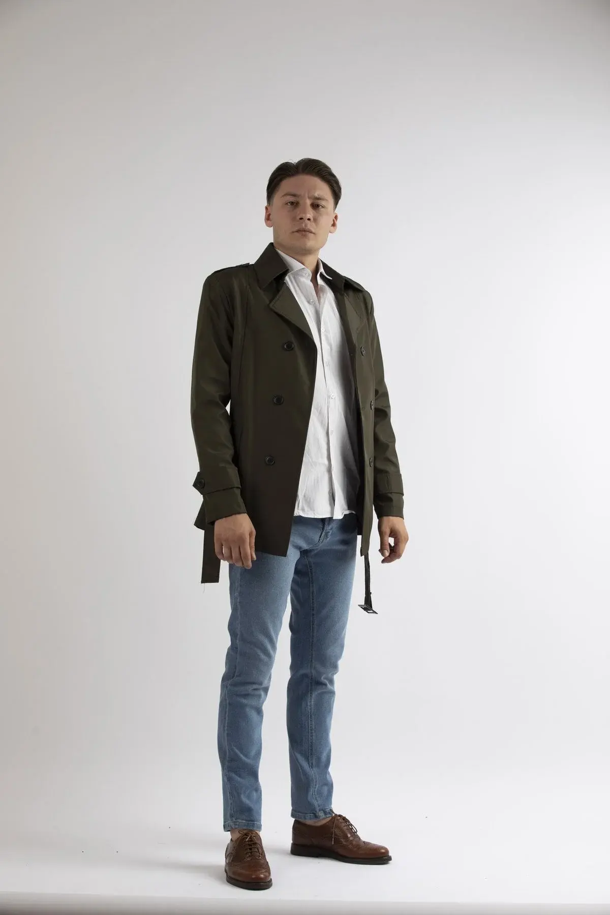 Машки маслинест Slim Fit краток тренч мантил