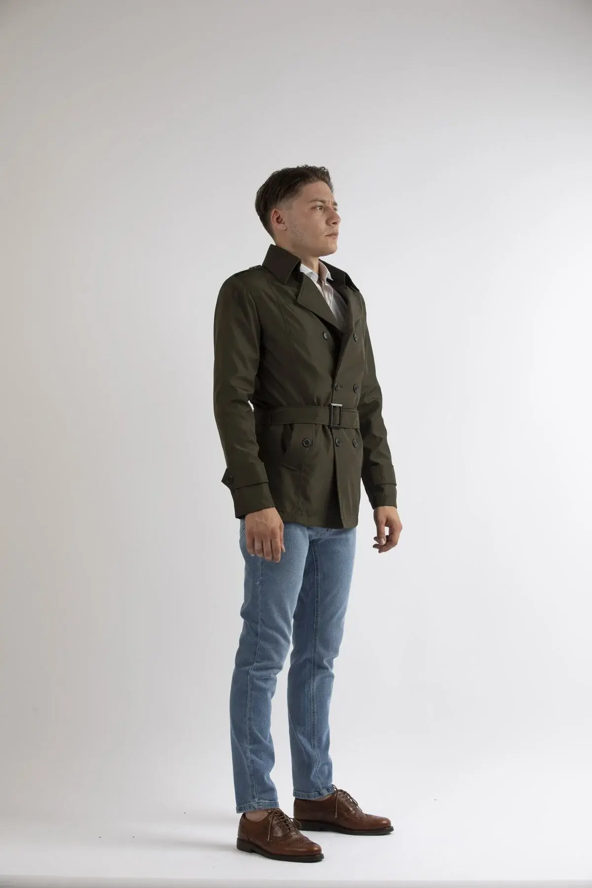 Машки маслинест Slim Fit краток тренч мантил