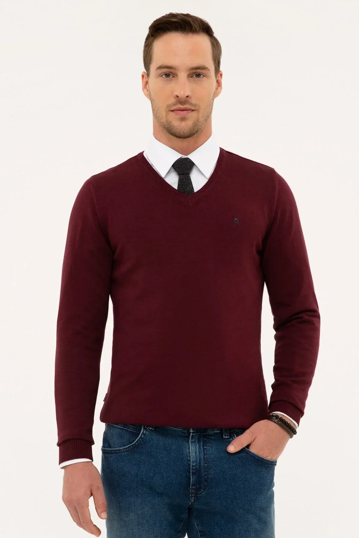 Машки бордо Slim Fit V-врат основен плетен џемпер G021SZ0TK.000.1171062