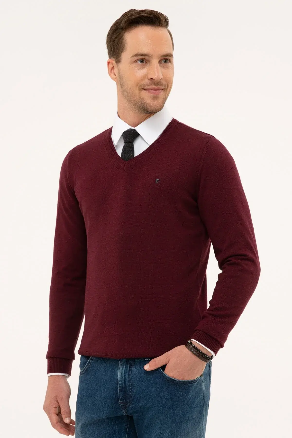 Машки бордо Slim Fit V-врат основен плетен џемпер G021SZ0TK.000.1171062