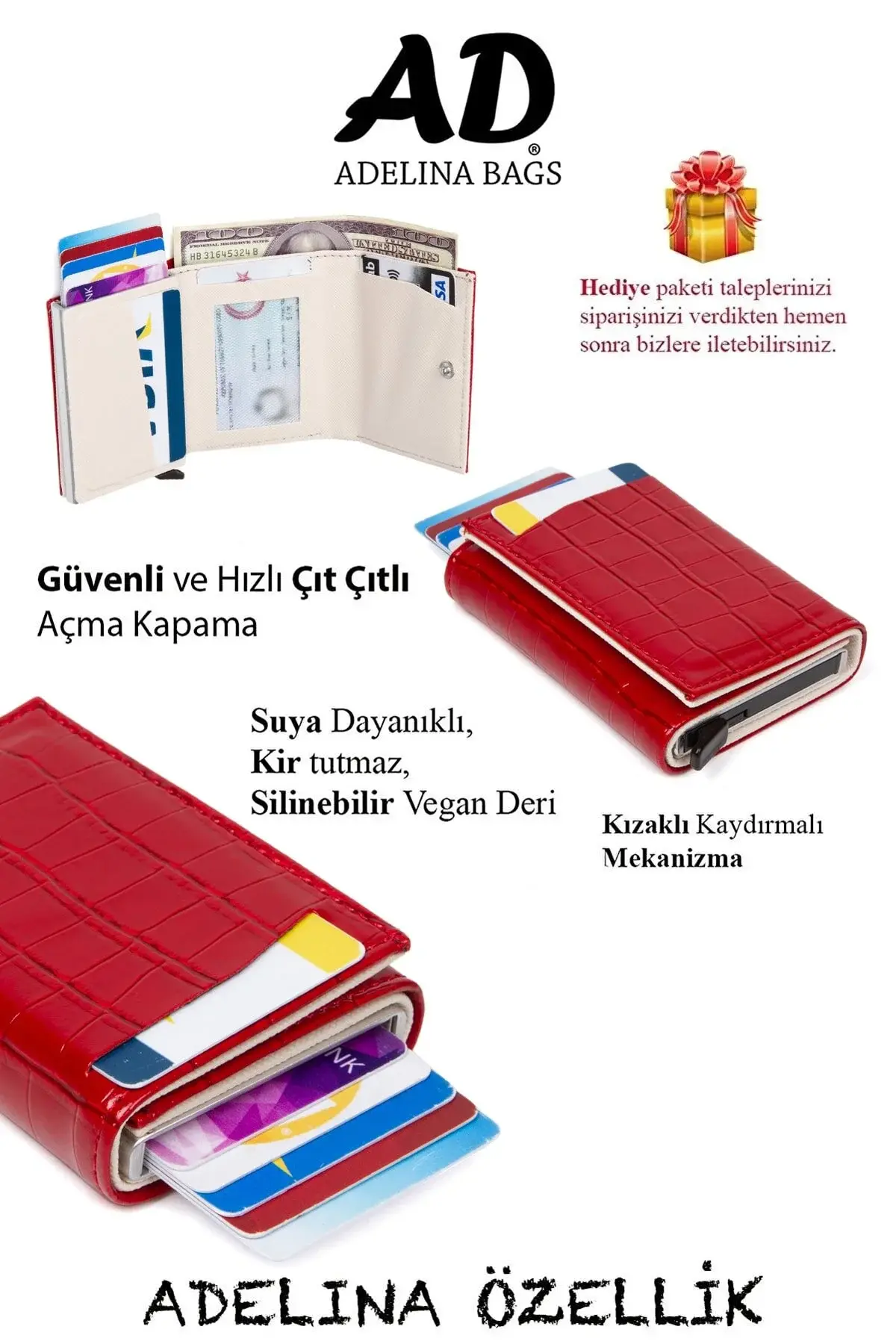 Adelina црвен паричник за картички со крокодилски дезен, автоматски механизам за лизгање, Croco држач за картички