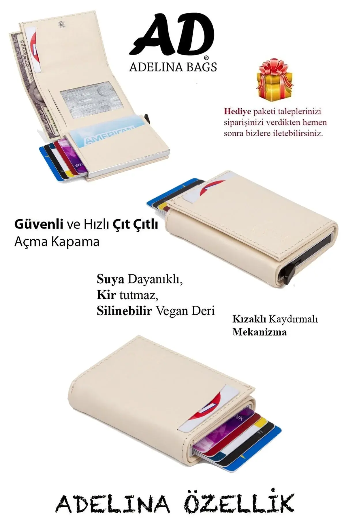Adelina унисекс крем Nova кожен механизам автоматски лизгачки паричник за картички (7CMX10CM)