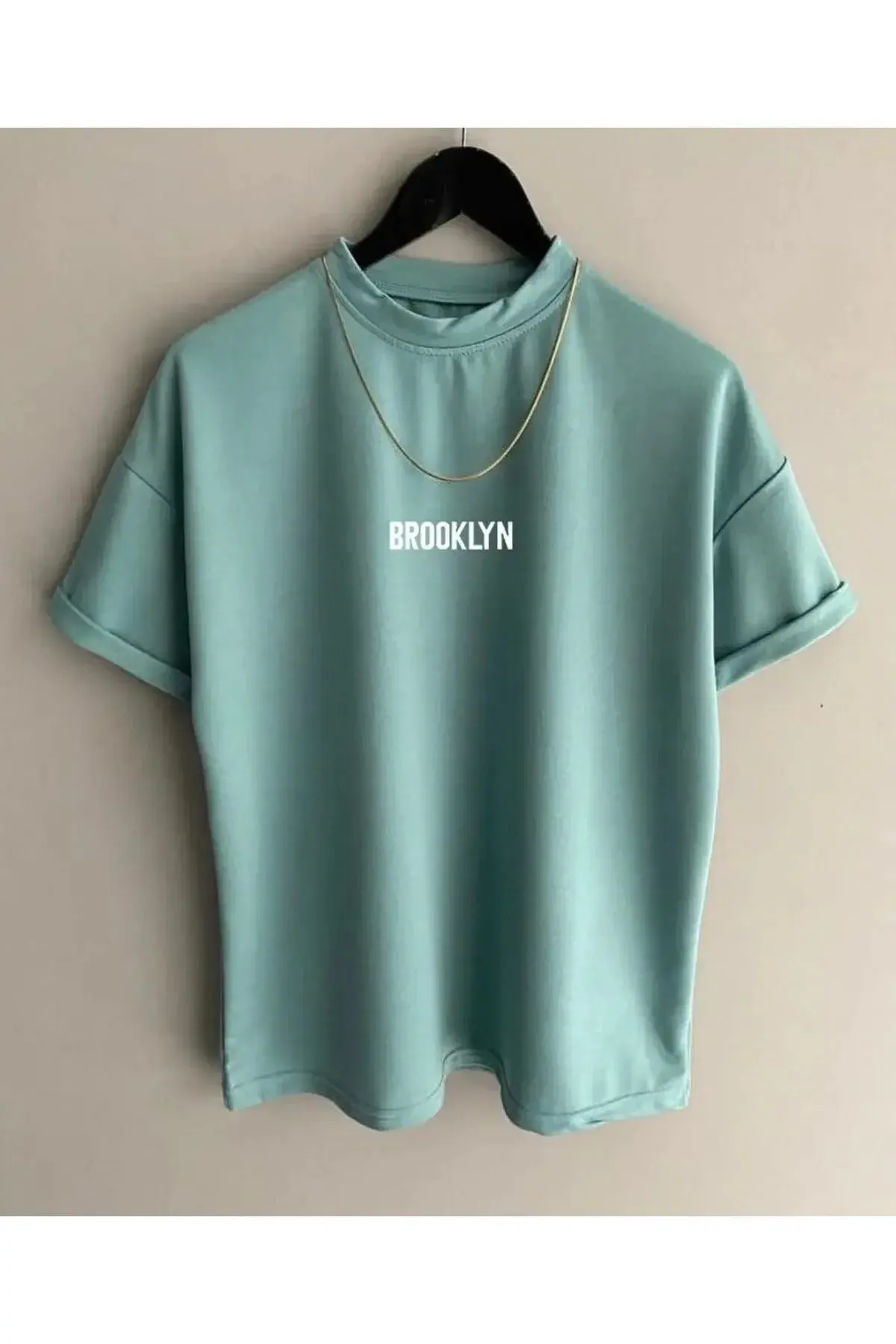 Детска маичка со принт Brooklyn во морско зелена боја, oversize