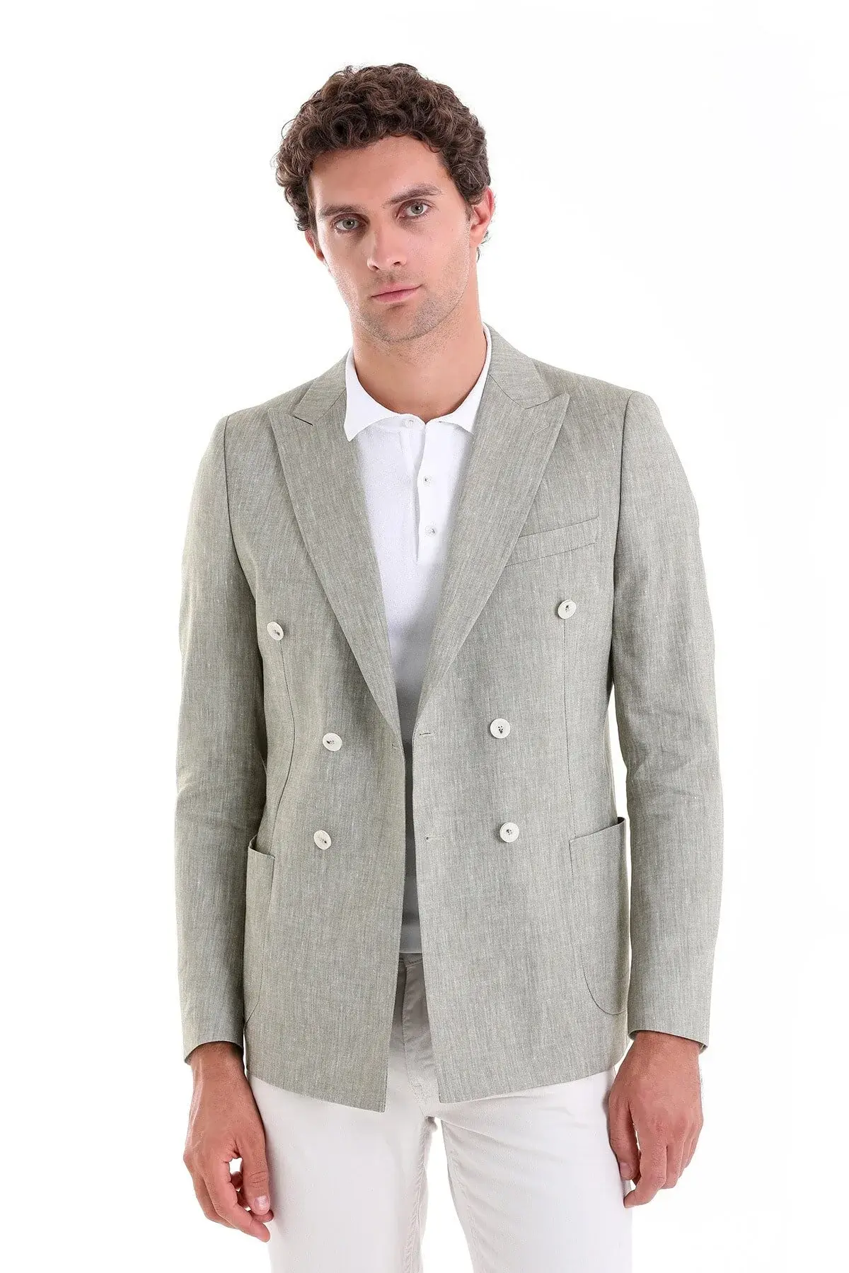 Зелено Slim Fit еднобојно сако со шпиц јака и дворедно закопчување
