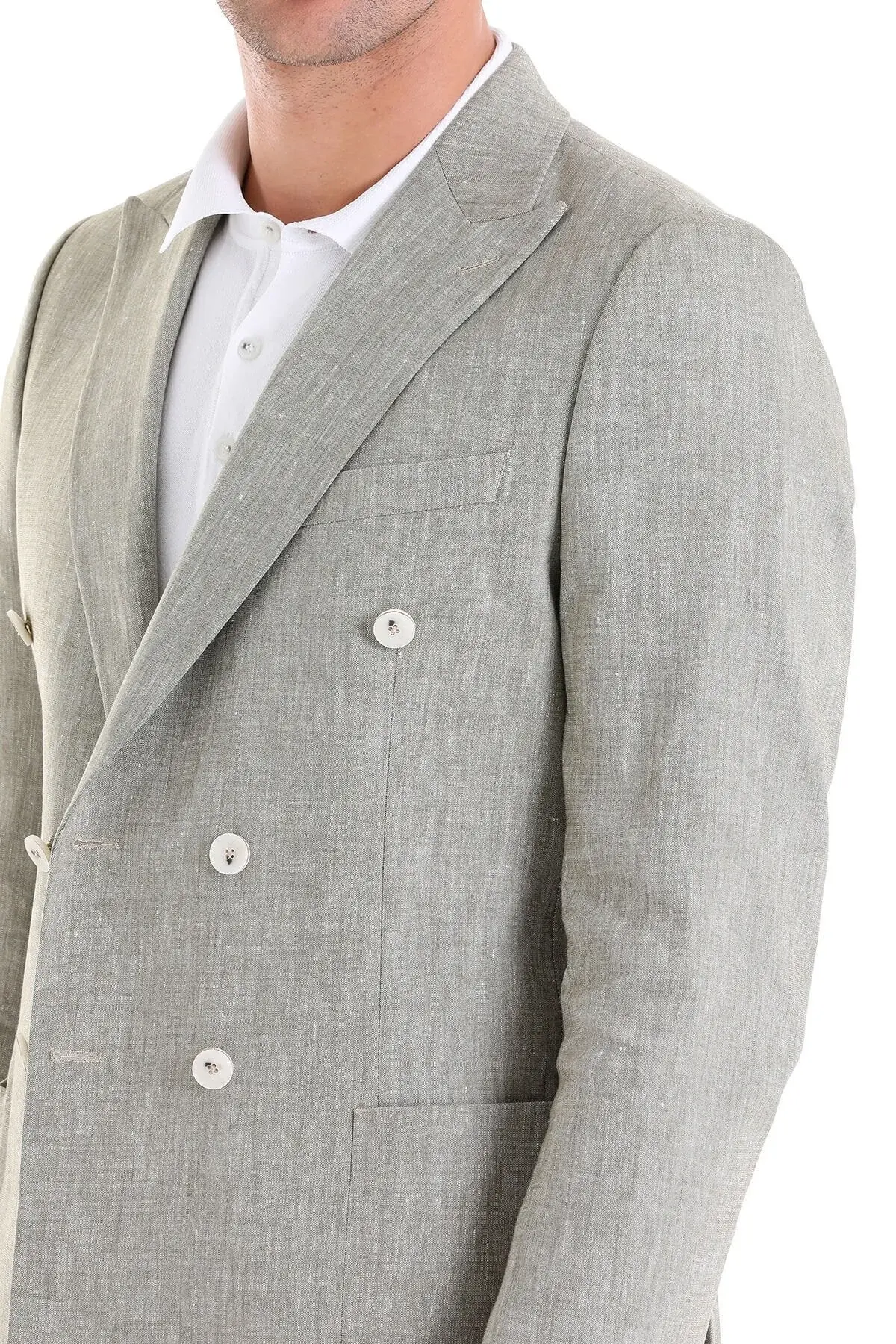 Зелено Slim Fit еднобојно сако со шпиц јака и дворедно закопчување