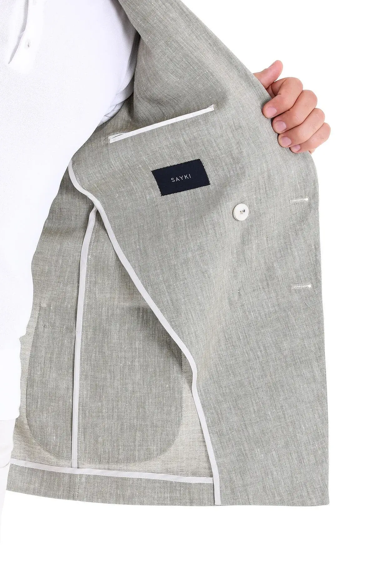 Зелено Slim Fit еднобојно сако со шпиц јака и дворедно закопчување