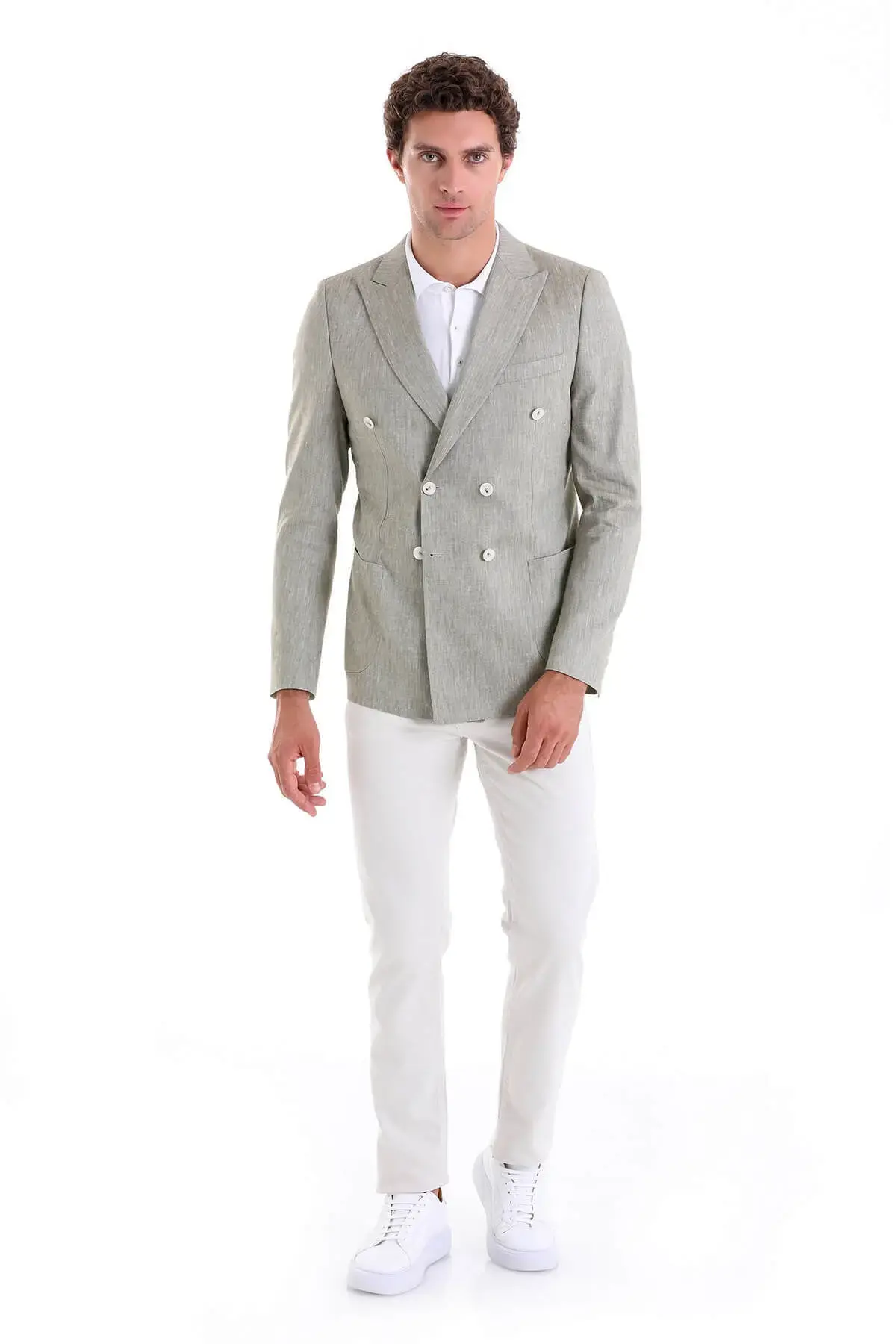 Зелено Slim Fit еднобојно сако со шпиц јака и дворедно закопчување