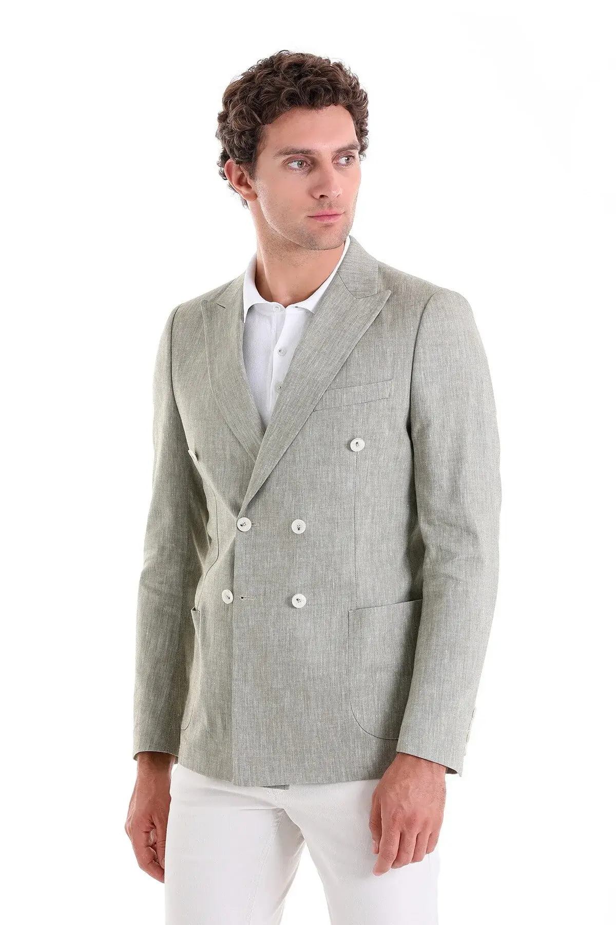 Зелено Slim Fit еднобојно сако со шпиц јака и дворедно закопчување