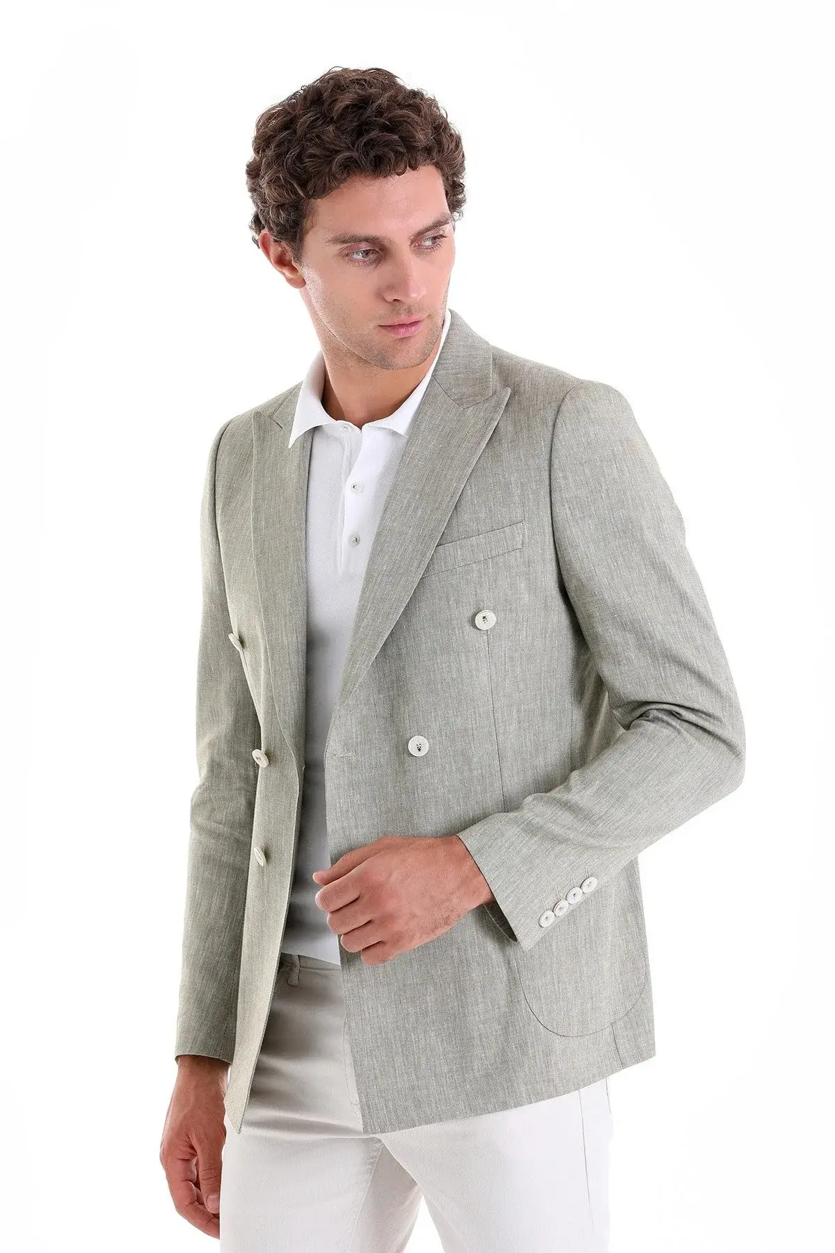 Зелено Slim Fit еднобојно сако со шпиц јака и дворедно закопчување