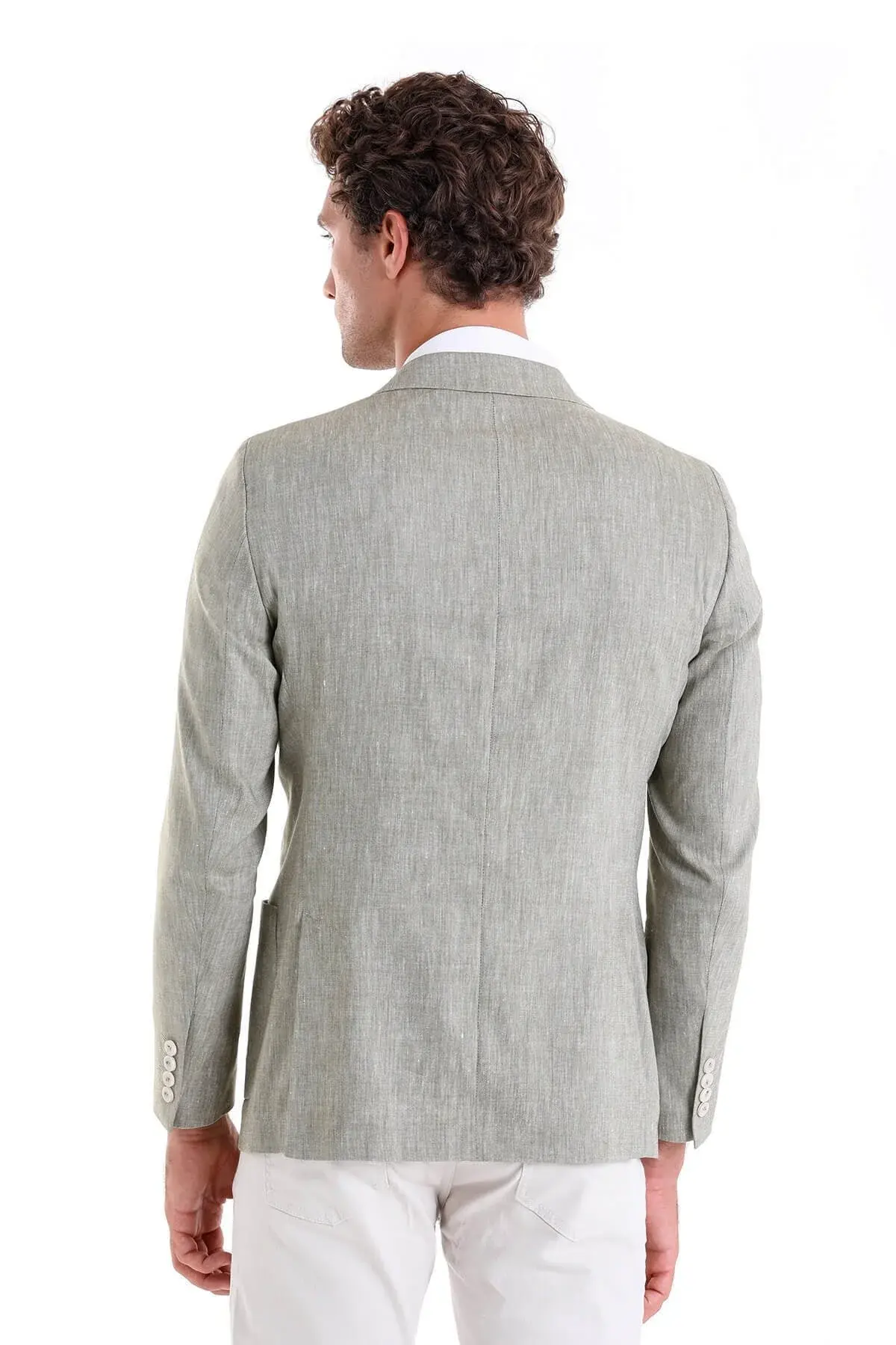 Зелено Slim Fit еднобојно сако со шпиц јака и дворедно закопчување