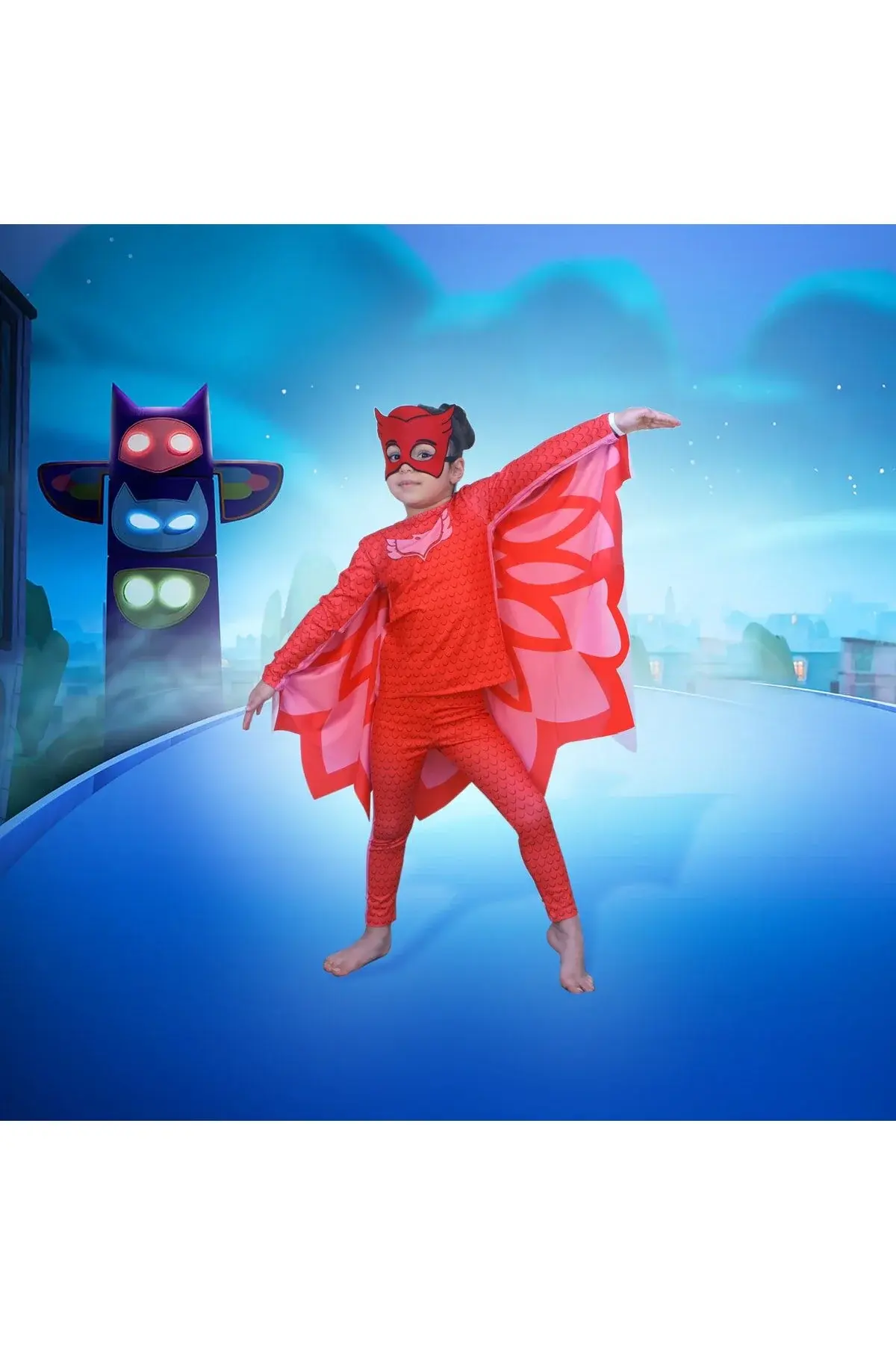 Квалитетен костим за девојчиња со ликот на Owl Girl од PJ Masks, со наметка и маска