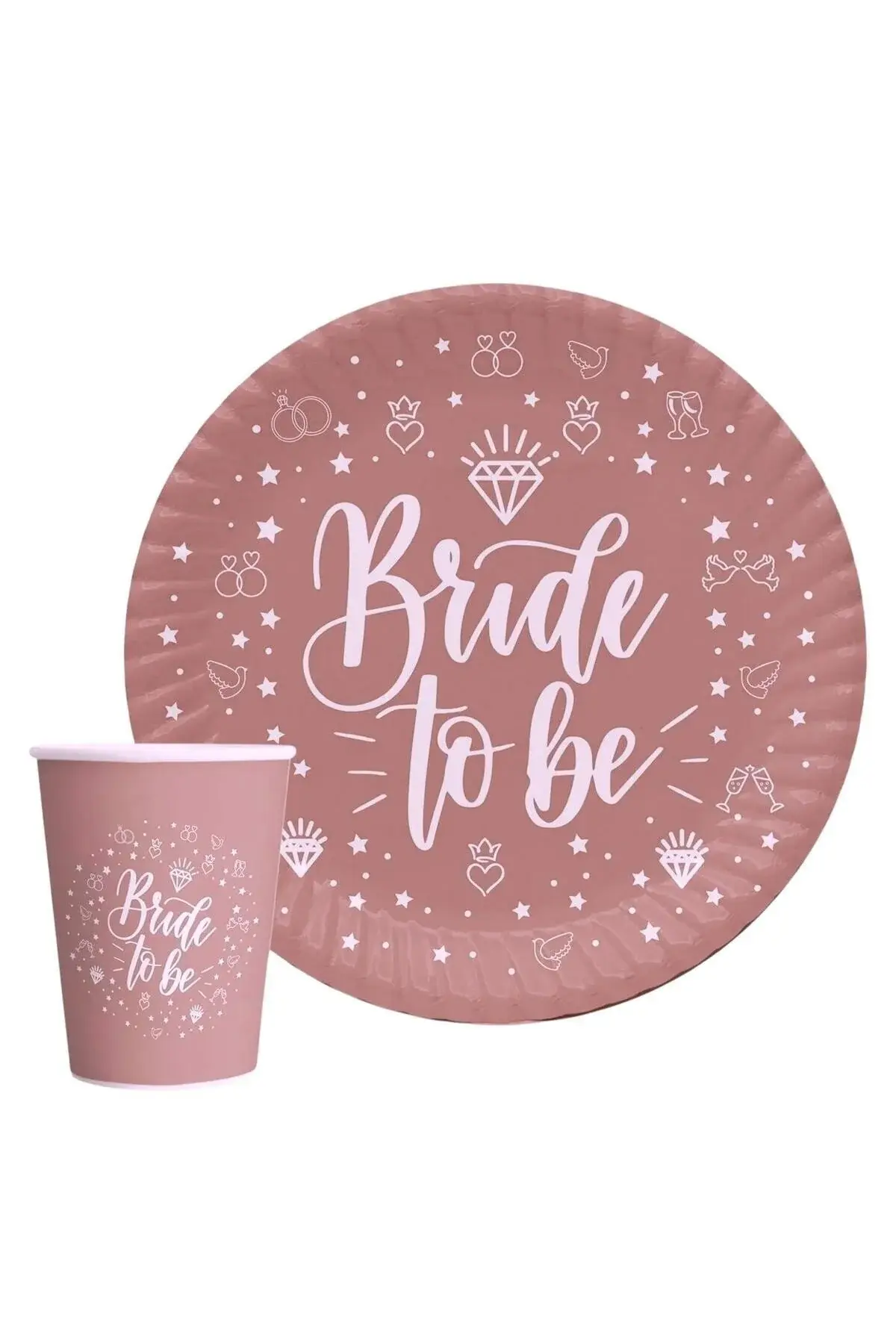 Сет од 8 чинии и чаши со натпис Bride To Be, розова боја со детали во форма на прстен за моминска вечер